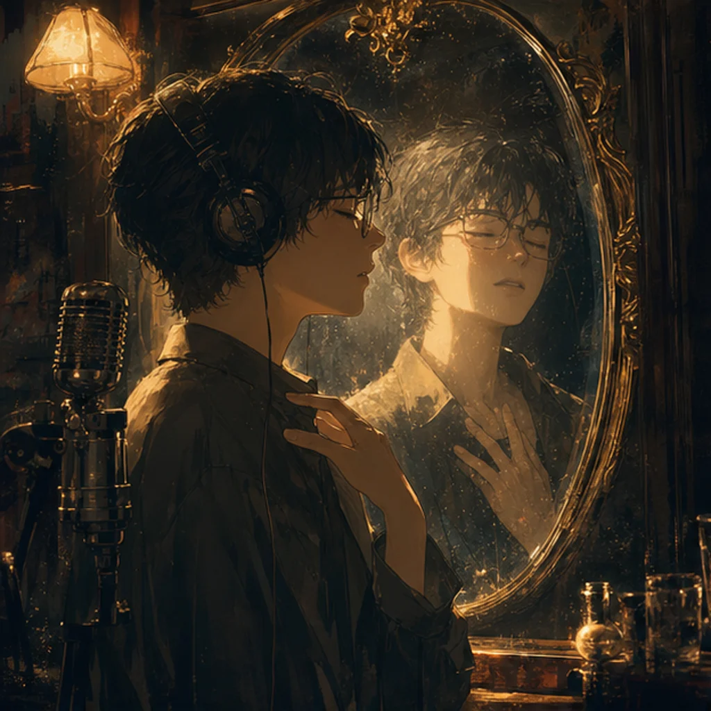 AI-generated anime jazz bar mirror scene for seeing oneself in another person's eyes
